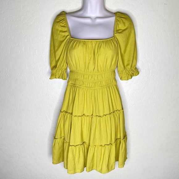 Trixxi Yellow Green Ruched Puff Sleeve Mini Boho Dress Size S Small - Picture 1 of 16